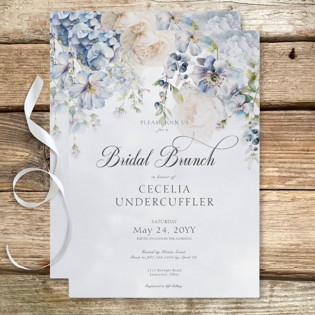 Blue & White Floral Modern Bridal Brunch Invitation (Blue & White Floral Modern Bridal Brunch Invitation)