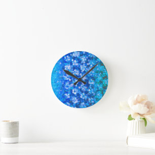 Blue White Floral Modern Flowers Trendy Chic Round Clock