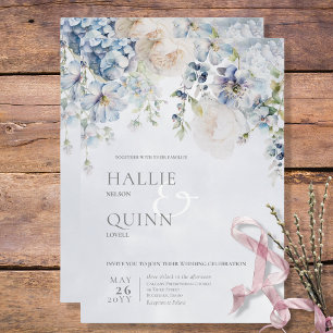 Blue & White Floral Modern Wedding Invitation
