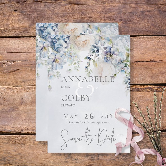 Blue & White Floral Modern Wedding Save The Date (Creator Uploaded)