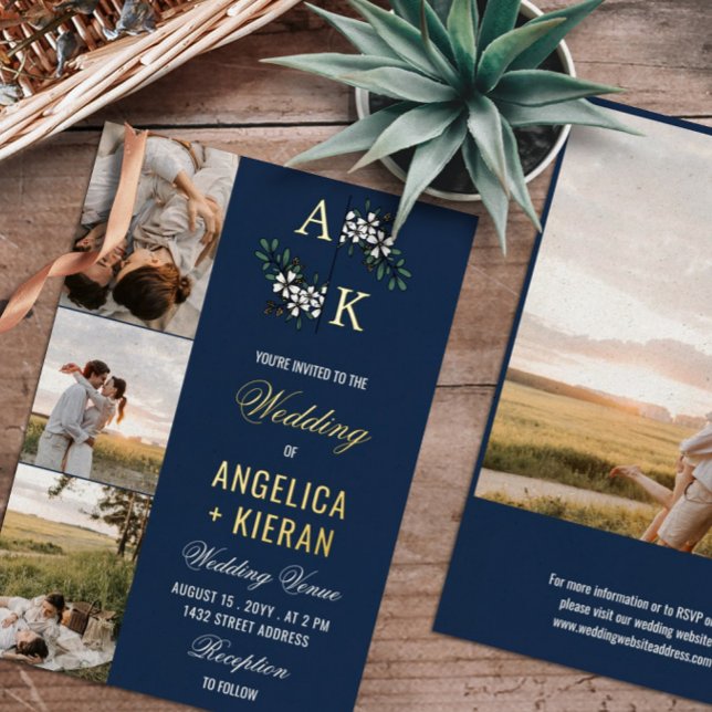 Blue White Floral Monogram Photos Wedding Gold Foi (Creator Uploaded)