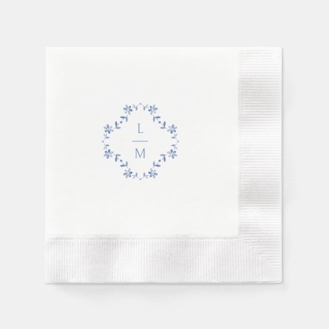 Blue & White Floral Monogrammed Wedding  Napkin (Front)