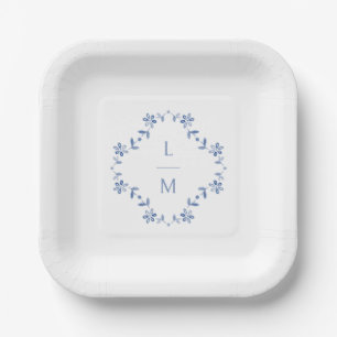 Blue & White Floral Monogrammed Wedding  Paper Plate