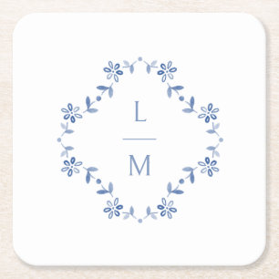 Blue & White Floral Monogrammed Wedding  Square Paper Coaster
