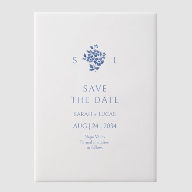Blue & White Floral Monogrammed Wedding Vellum Invitations (Front)