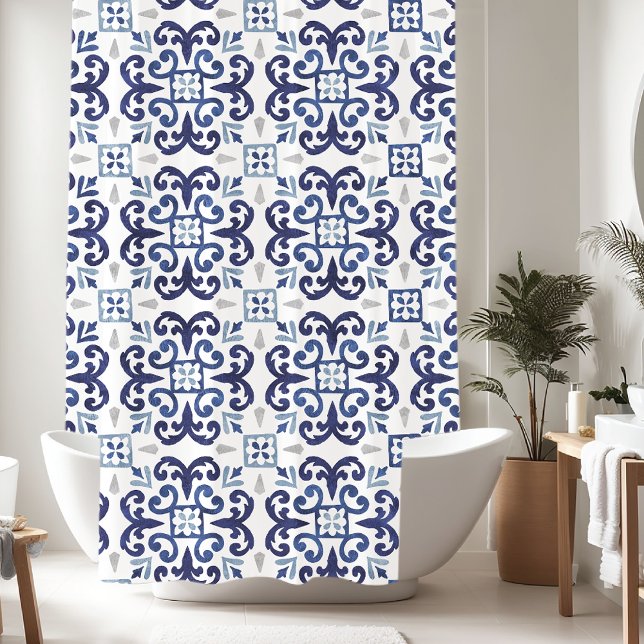 Blue & White Floral Moroccan Tile Pattern Shower Curtain (Creator Uploaded)
