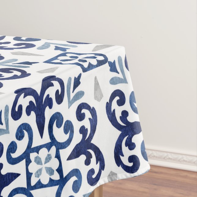 Blue & White Floral Moroccan Tile Pattern  Tablecloth (In Situ)