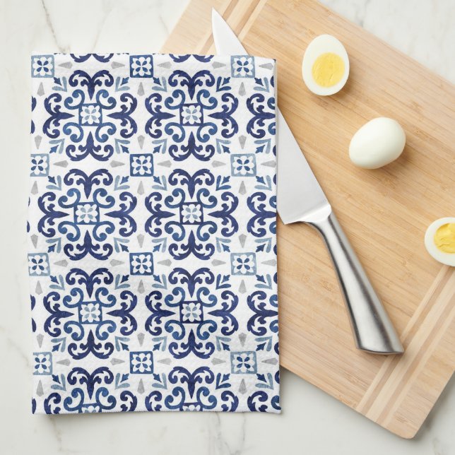 Blue & White Floral Moroccan Tile Pattern  Tea Towel (Quarter Fold)