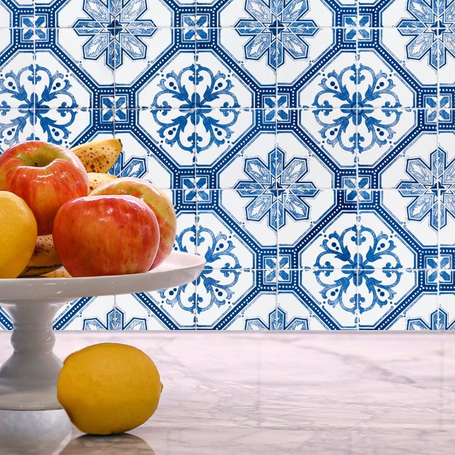 Blue White Floral Mosaic Tile Pattern Peel Stick Wallpaper (Creator Uploaded)