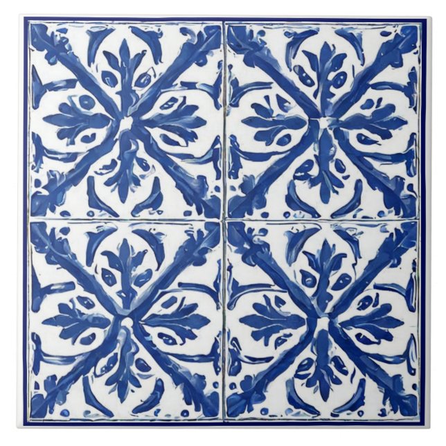 Blue white floral painted Mediterranean vacation Ceramic Tile (Front)