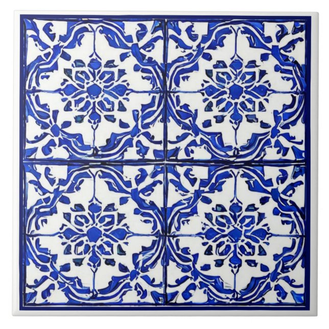 Blue white floral pattern Mediterranean inspired Ceramic Tile (Front)