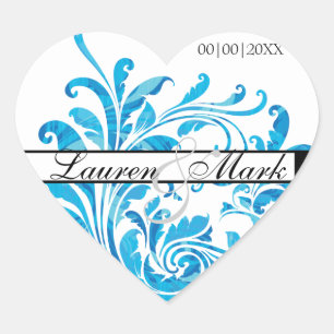 Blue White Floral Pattern Save the Date Heart Sticker
