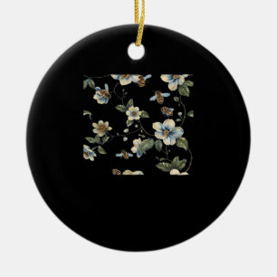 Blue White Floral Pattern - Whimsigoth Dark Aesthe Ceramic Ornament