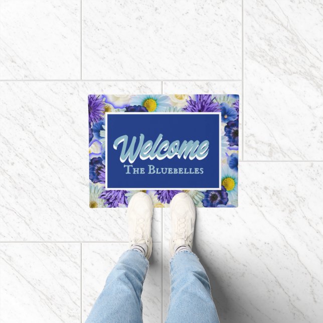 Blue & White Floral Personalised Entry Way Welcome Doormat (Indoor)