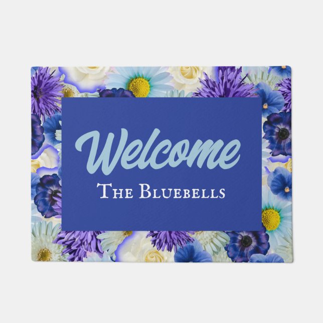 Blue & White Floral Personalised Entry Way Welcome Doormat (Front)