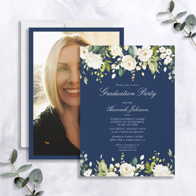 Blue White Floral Photo Graduation Party Invitation (Creator Uploaded)