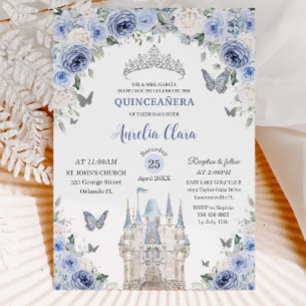 Blue White Floral Princess Castle Quinceañera XV  Invitation