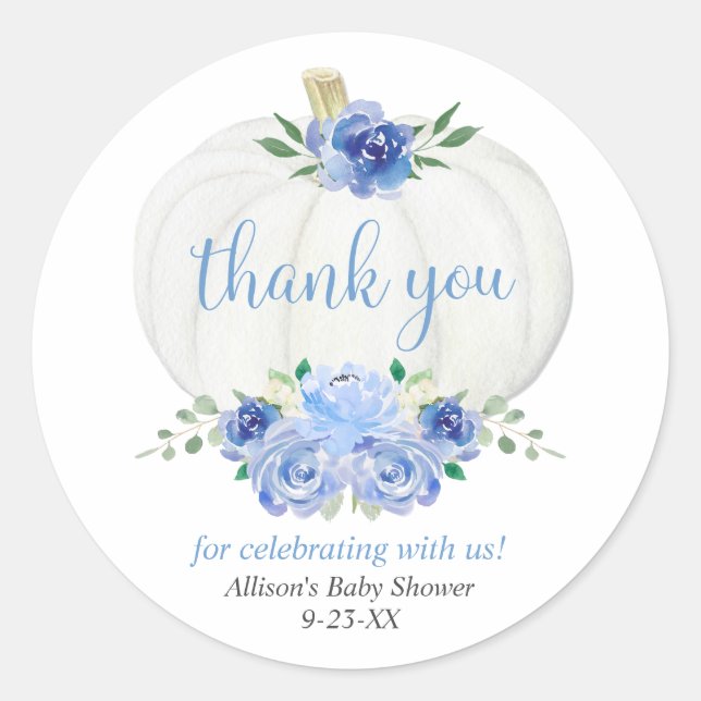 Blue white floral pumpkin boy baby shower classic round sticker (Front)