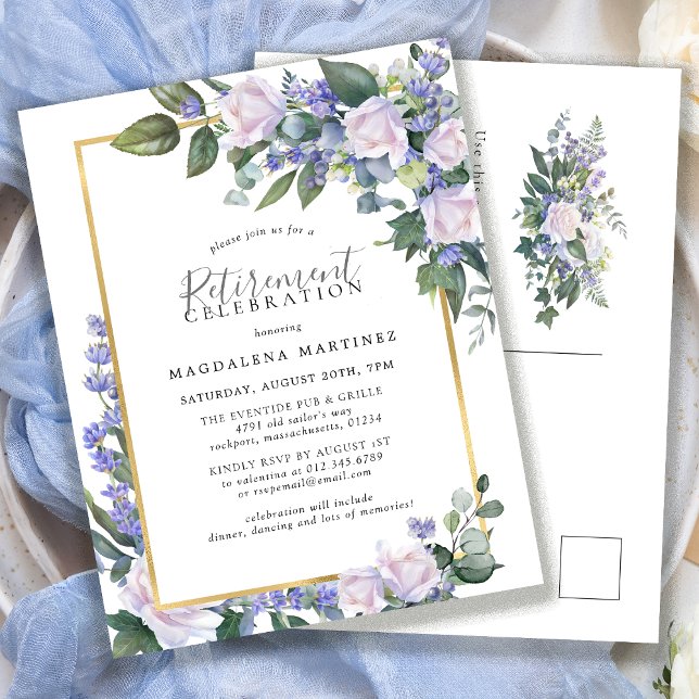Blue White Floral Retirement Party Invitation Postcard (Creator Uploaded)