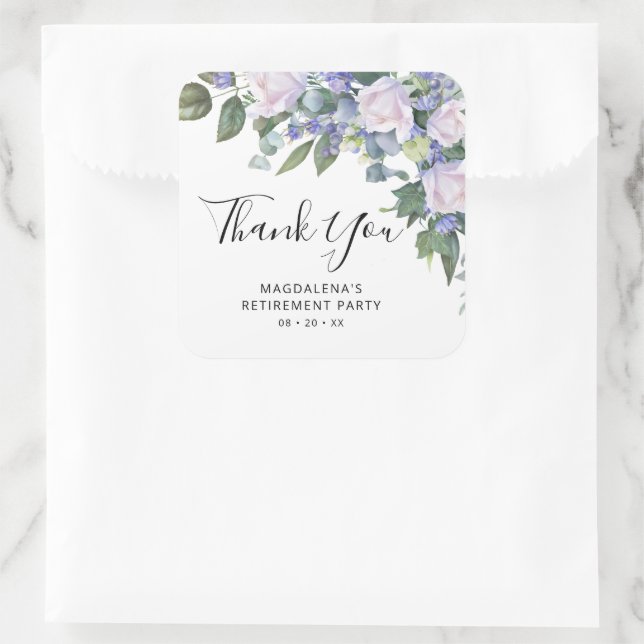 Blue White Floral Retirement Party Thank You Square Sticker (Bag)