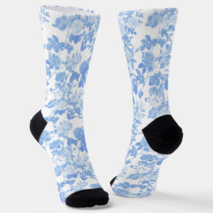 Blue White Floral Roses French Chinoiserie Pattern Socks