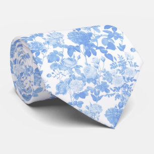 Blue White Floral Roses French Chinoiserie Pattern Tie