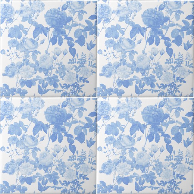 Blue White Floral Roses French Pattern Ceramic Tile (Blue White Floral Roses French Pattern Ceramic Tile)