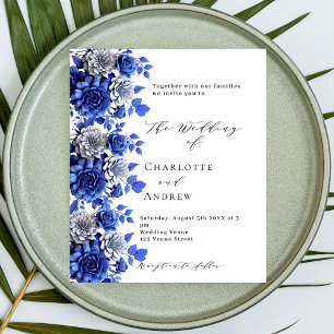 Blue white floral script budget wedding invitation flyer