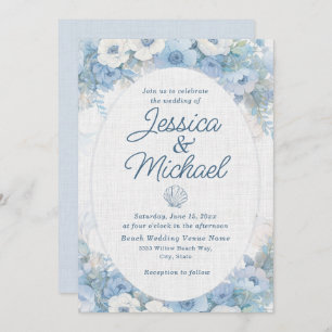 Blue White Floral Seashell Coastal Beach Wedding  Invitation