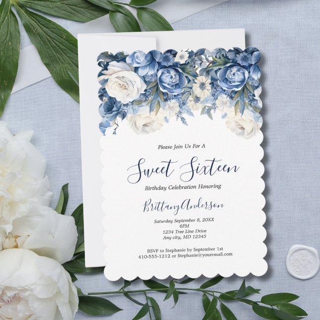 Blue White Floral Sweet Sixteen 16 Birthday Invitation (Blue White watercolor florals roses sweet sixteen 16th birthday party invitation. Digital or Printed)