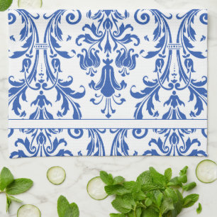 Blue White Floral Swirls Damask Monogram Tea Towel