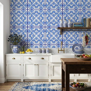 Blue White Floral Tile Mediterranean Wall Decor