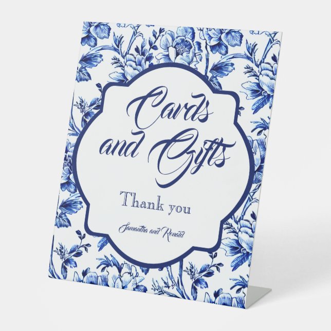 Blue & White Floral Toile Cards and Gifts Tabletop Pedestal Sign (Front)