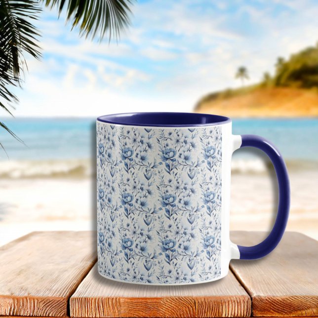 Blue White Floral Toile Chinoiserie Watercolor  Mug (Blue White Watercolor Floral Toile Chinoiserie Mug. All Over print)