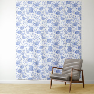 Blue White Floral Toile Elegant Chic Backdrop Tapestry