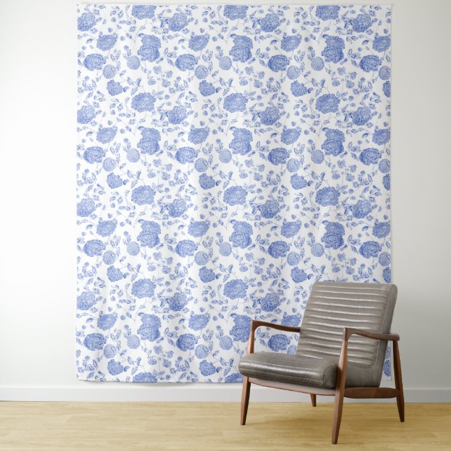 Blue White Floral Toile Elegant Chic Backdrop Tapestry (In Situ)