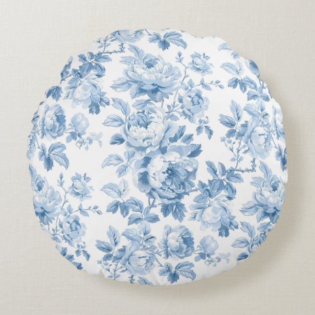 Blue & White Floral Toile Round Cushion (Front)
