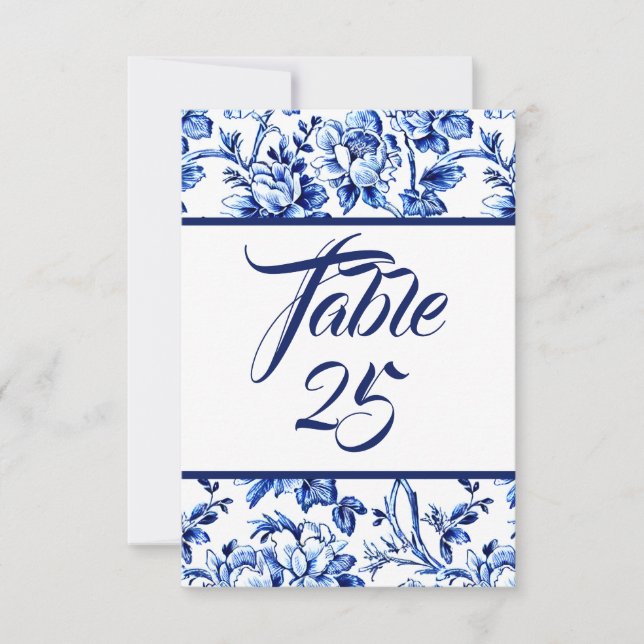Blue & White Floral Toile Table Number Card (Front)