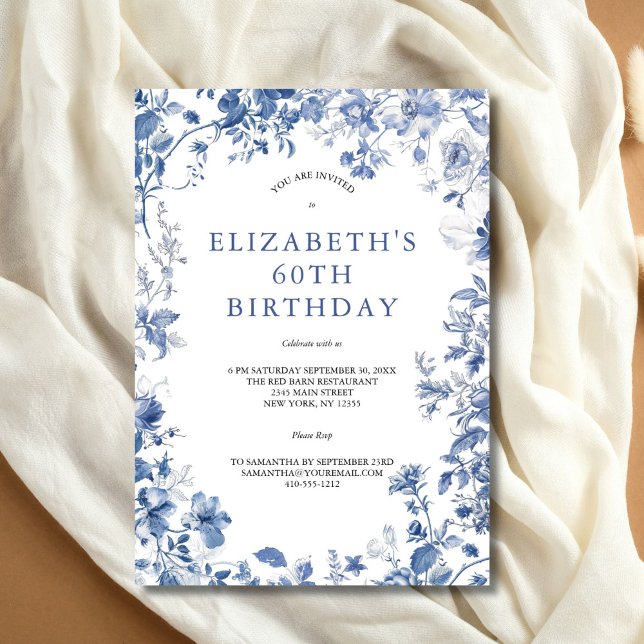 Blue White Floral Toile Watercolor 60th Birthday Invitation (Elegant Blue White Floral Toile 60th Birthday Invitation for her. Printed or Instant digital downloa)