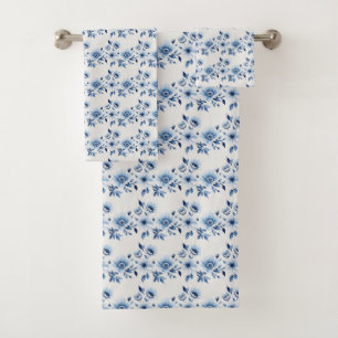 Blue White Floral Toile Watercolor Gift Bath Towel Set