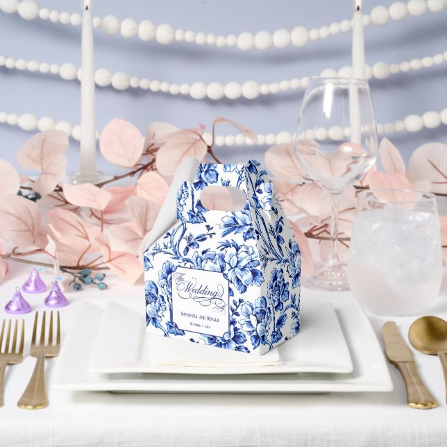 Blue & White Floral Toile with Calligraphy Wedding Favour Box (Wedding)