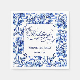 Blue & White Floral Toile with Calligraphy Wedding Napkin