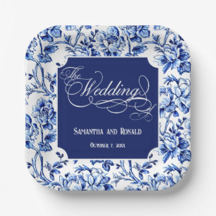 Blue & White Floral Toile with Calligraphy Wedding Paper Plate