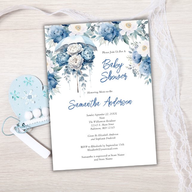 Blue White Floral Umbrella Boy Baby Shower Invitation (Dusty Blue White Floral Baby Shower Umbrella Baby Boy Baby Shower Invitation)