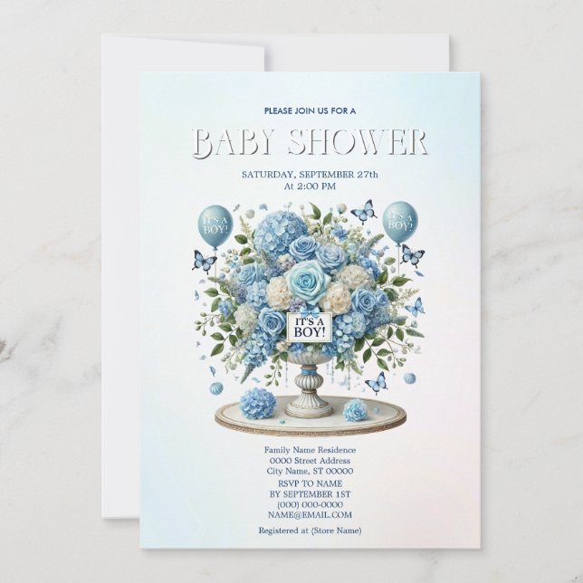 Blue White Floral Vase Baby Shower Invitation (Front)