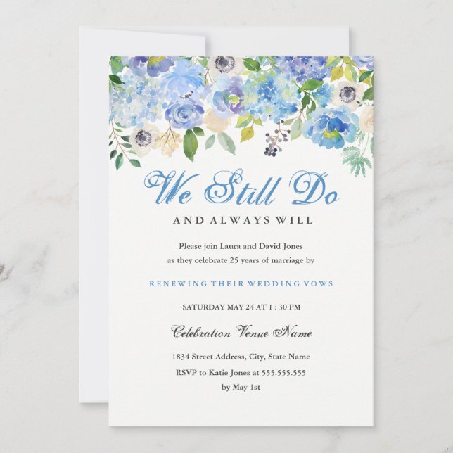 Blue White Floral Vow Renewal Anniversary Invite (Front)