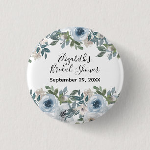 Blue White Floral Watercolor Bridal Shower 3 Cm Round Badge