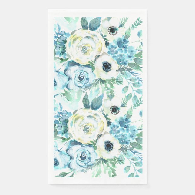 Blue White Floral Watercolor Elegant Guest Towels Napkin (Front)