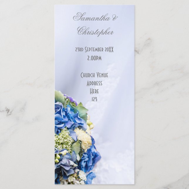 Blue White floral wedding church wedding program (Front)