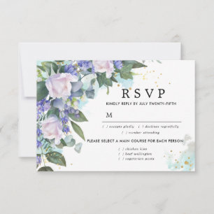 Blue White Floral Wedding RSVP Card, Meal Options